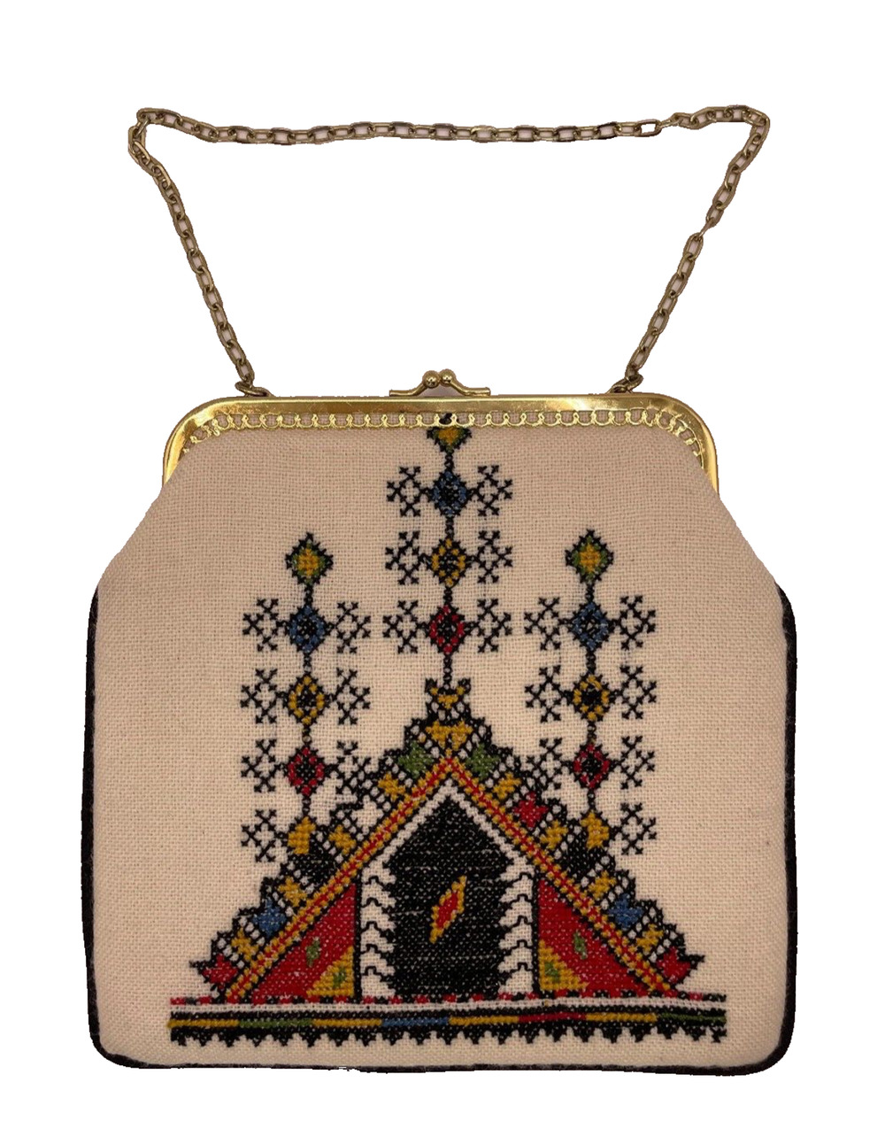 Vintage Needlepoint Purse 1980s w/Gold Kisslock Latch & Chain Pre-owned